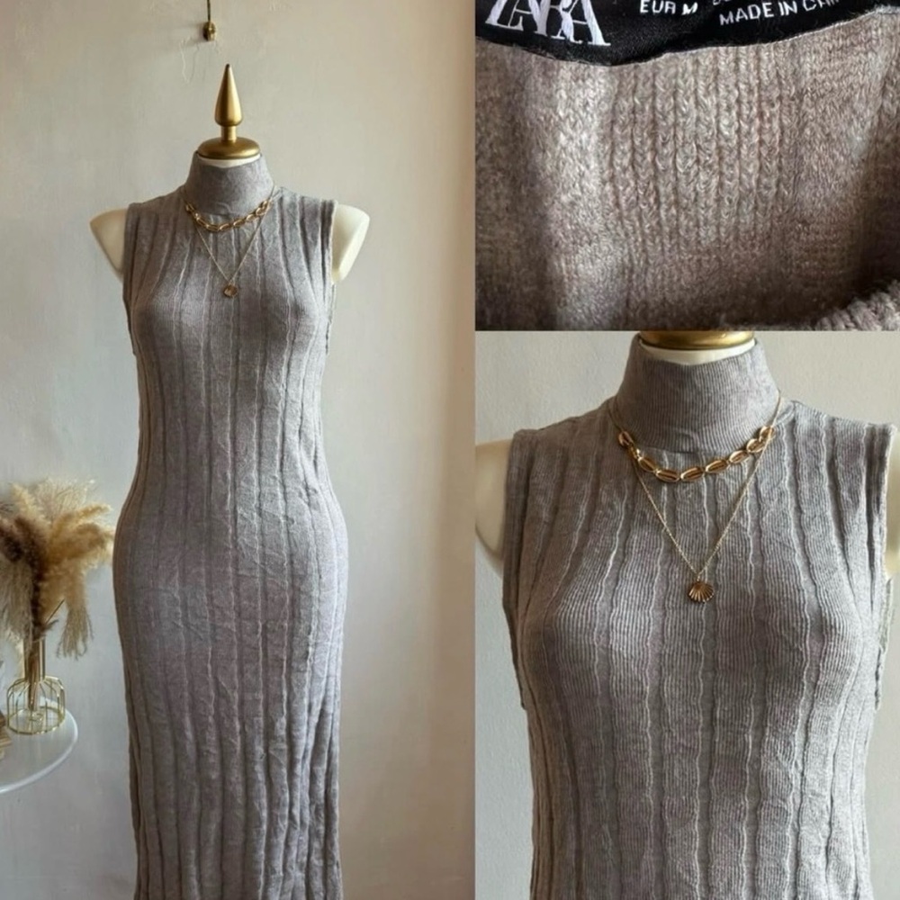 Zara Oatmeal Sleeveless Ribbed Sweater Dress
